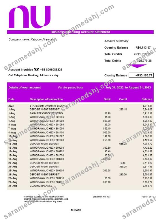 Nubank corporate checking account statement Word and PDF template